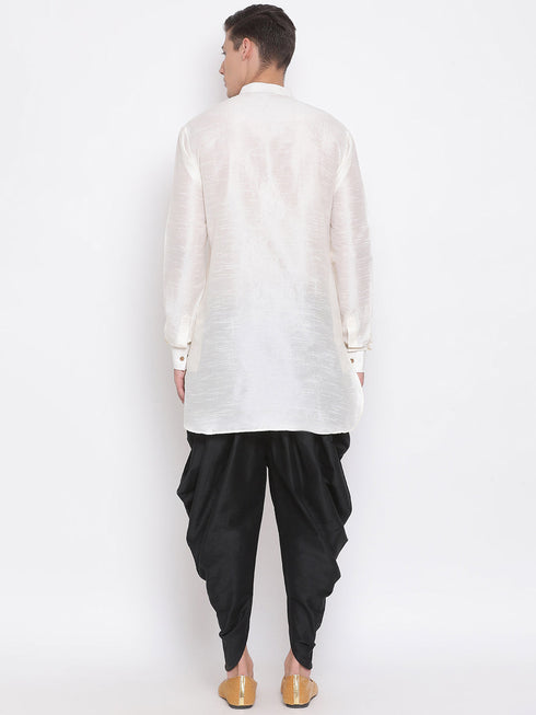 Vastramay Men's Cream Silk Blend Curved Kurta Dhoti Set